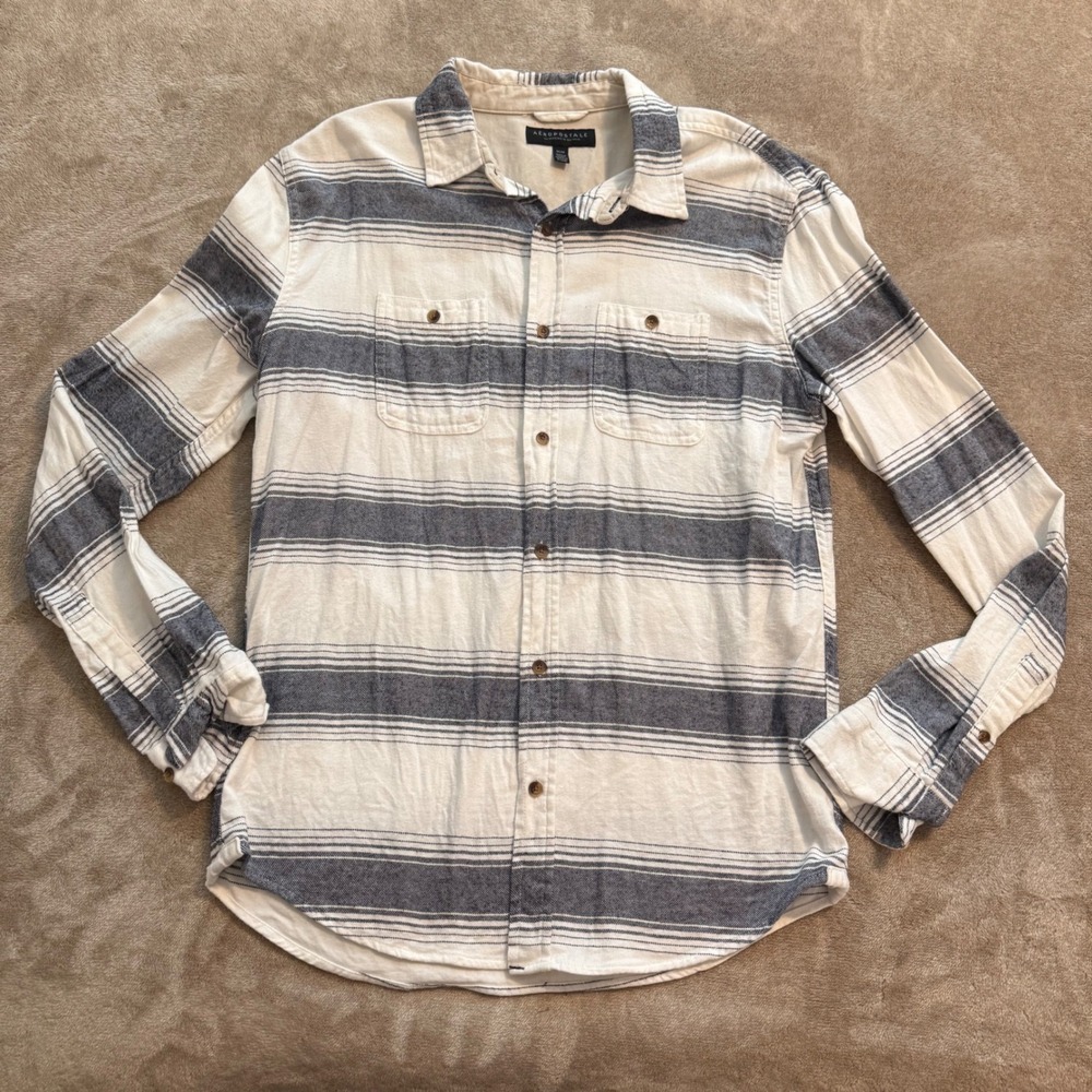 Aeropostale Mens M Blue Cream Striped Long Sleeve Button Down Shirt